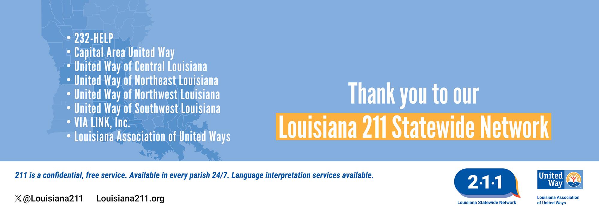 Image of Louisiana with a thank you message to Louisiana 211 Statewide Network